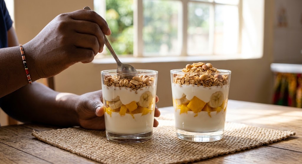 Two complete, appealing parfaits on a sisal mat, ready for a quick and filling snack.