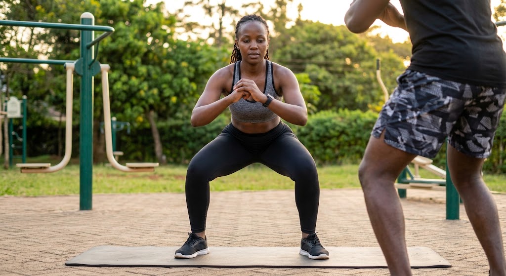 A coach guides correct initial foot stance before the movement begins.