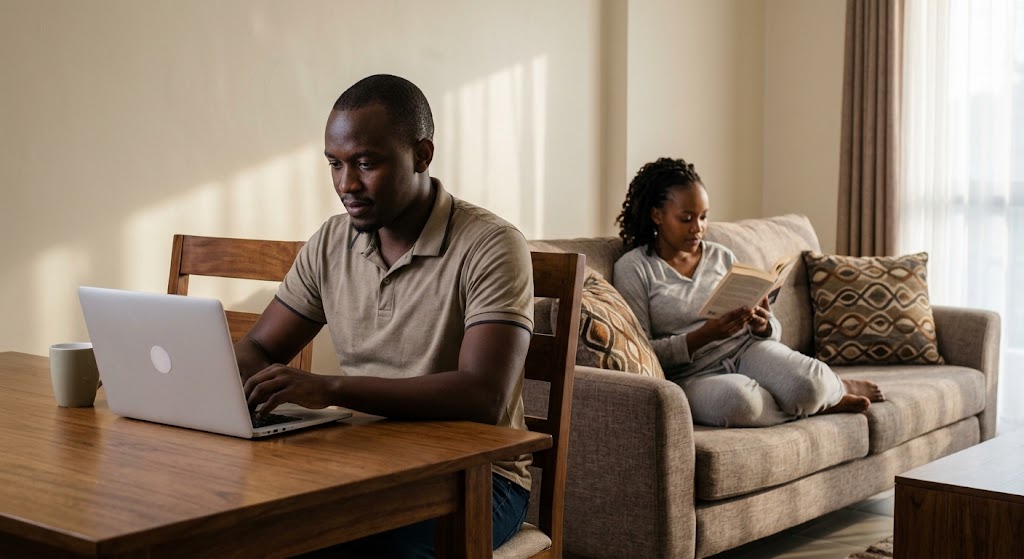 A couple comfortably pursues independent activities in their shared home.
