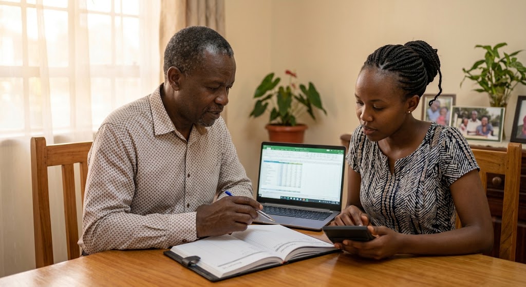 A couple sitting at a dining table collaborating on a budget, looking at a laptop and documents together.