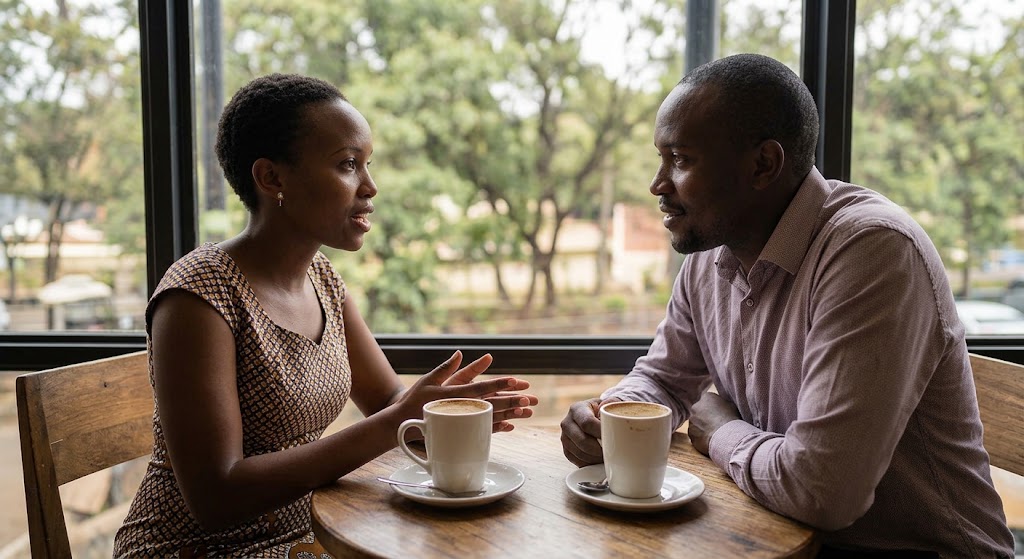 A woman in a patterned dress speaks gently to her partner across a café table, both deeply engaged in listening.