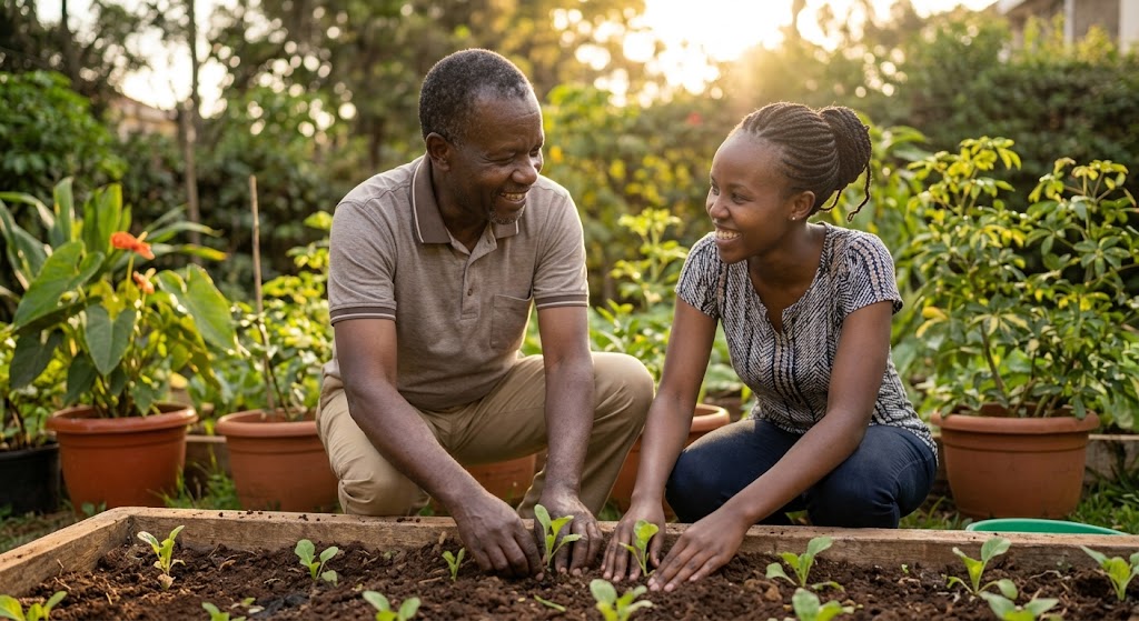 A couple in their home garden happily planting small seedlings together, visualising equality in shared responsibilities.