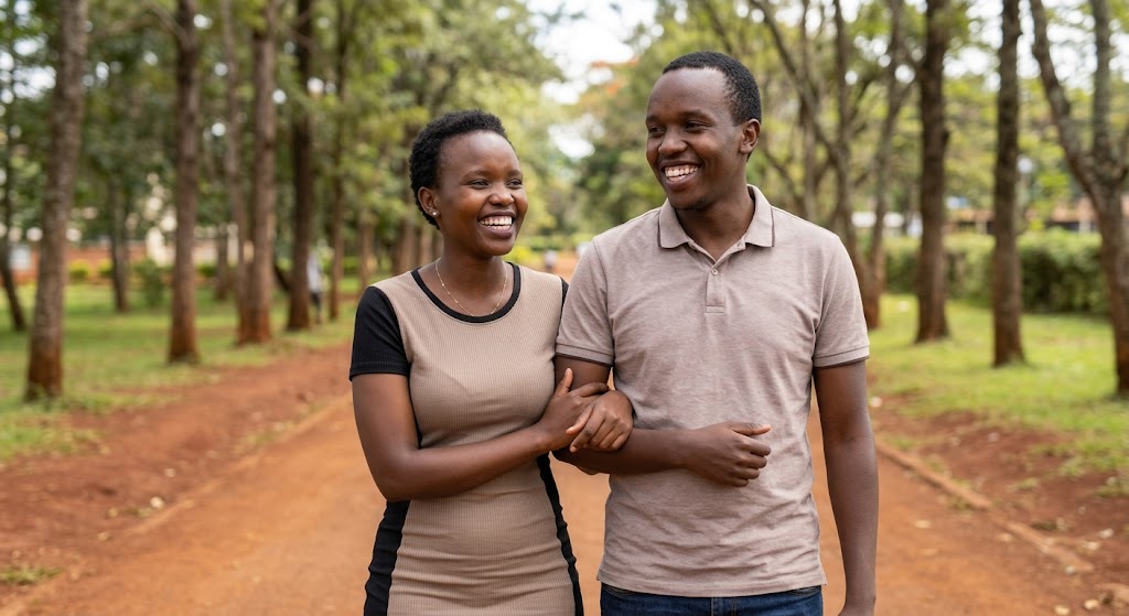 A joyful couple, mid-20s, laughing on a university path.