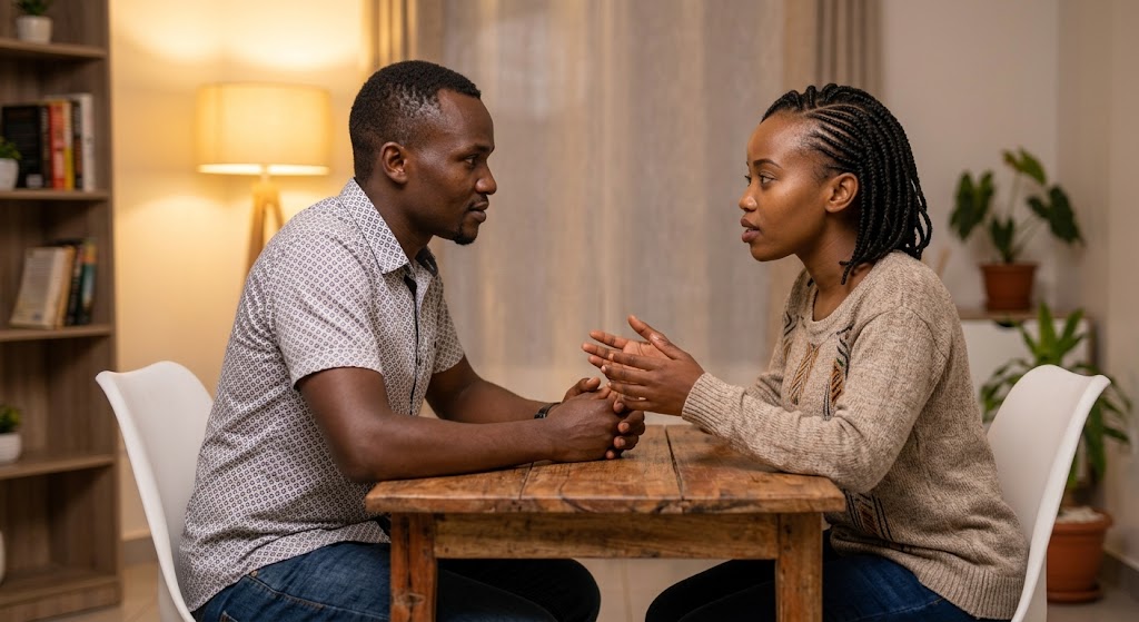 A modern couple establishes relationship boundaries through open conversation at home.