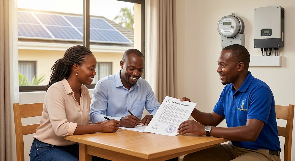 A couple and a power official sign their official Net-Metering Agreement, finalising a legal solar connection.