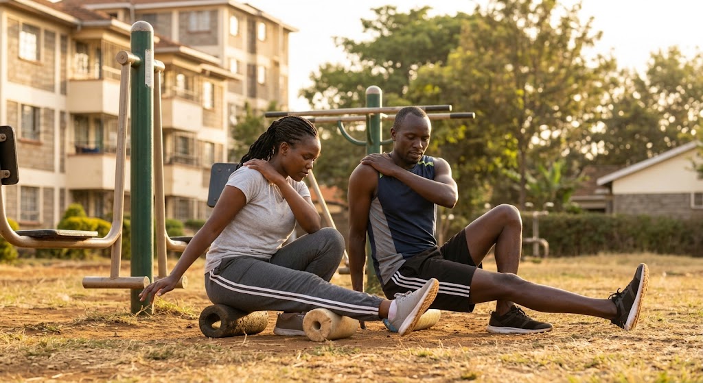 A couple practices gentle, low-impact stretching in a leafy estate community gym, prioritising cautious movement during recovery.
