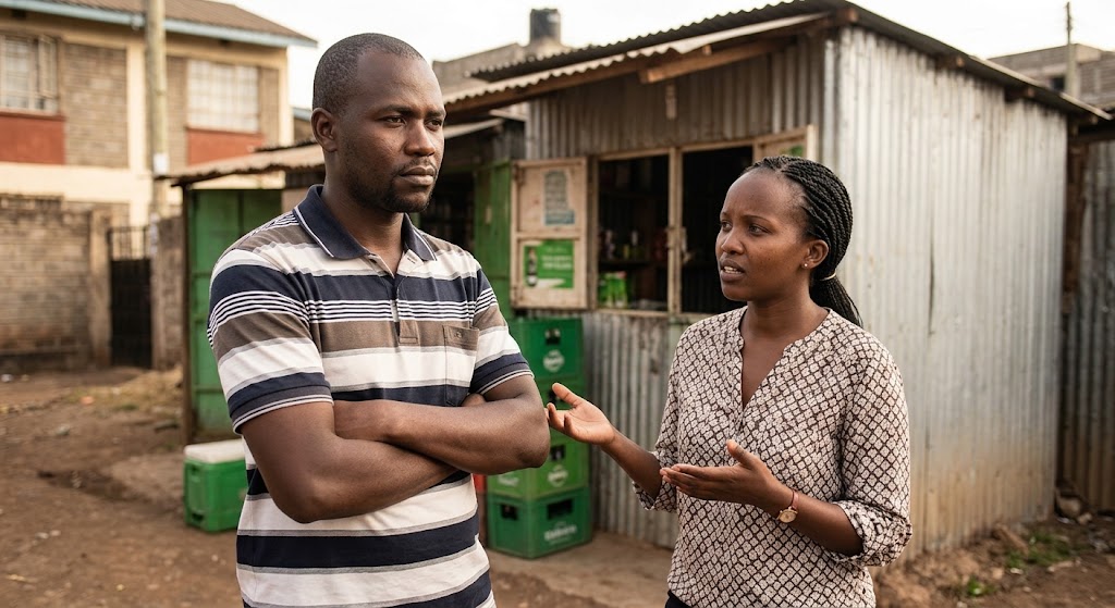 A young couple has a visibly tense disagreement near a shop, illustrating communication friction.