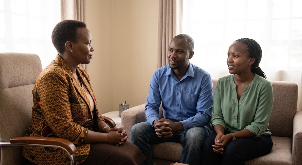 A counselor listens attentively as a couple takes a constructive step forward.