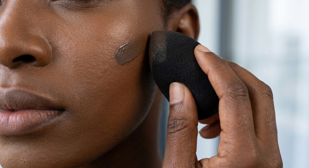 A close-up showing cream contour application on deep skin using a damp sponge.