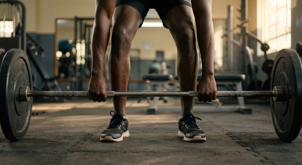 A lifter's feet placed hip-width apart and hands gripping the barbell symmetrically just outside the shins, illustrating proper deadlift setup.