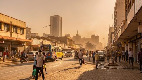 Commuters and traffic navigate a sun-baked street during hot, dry weather.