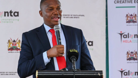 Sports Principal Secretary Elijah Mwangi addressing the media recently. PHOTO/Vincent Voiyoh