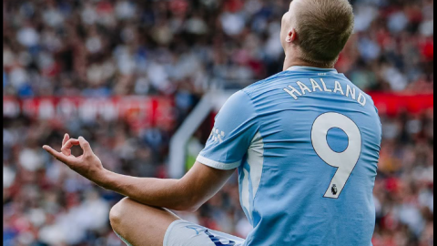 Erling Haaland drops his trademark celebration after his goal against Manchetser United was left to stand. PHOTO/https://www.facebook.com/mancity
