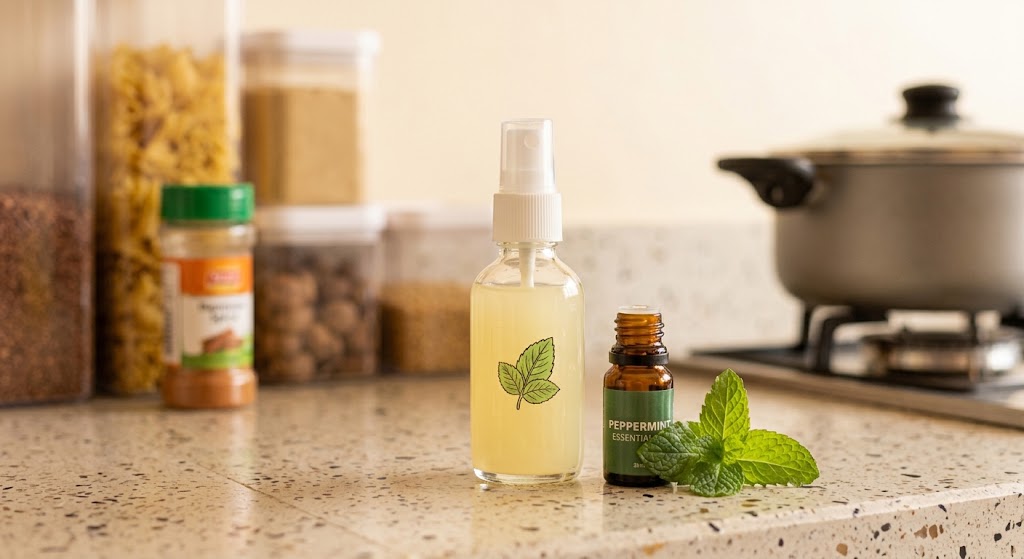 A neat arrangement of essential oil bottles and a natural spray on a kitchen counter.