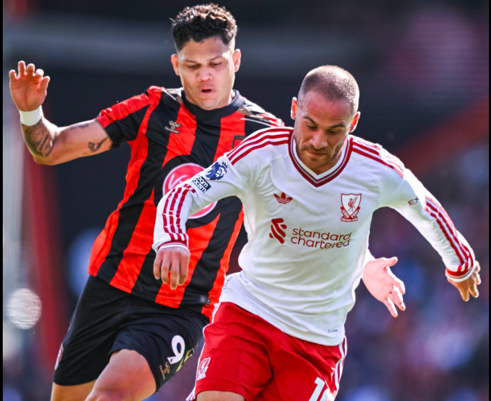 Evanilson of Bournemouth challenges Alexis MacAllister of Liverpool. PHOTO/@LFC/X