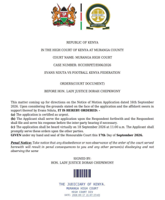 A High Court order in Murang’a stopping the 2026/27 FKF Premier League kickoff on Saturday, September 19, 2026. PHOTO/The High Court of Kenya at Muranga County