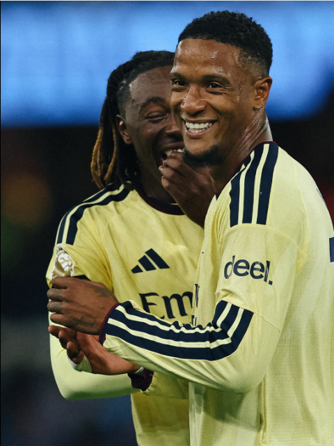 New Arsenal signing Ezri Konsa (Right) laughs with teammate Eberechi Eze on Monday, August 31, 2026 in a Premier League fixture against Aston Villa at Villa Park. PHOTO/https://www.facebook.com/Arsenal/photos