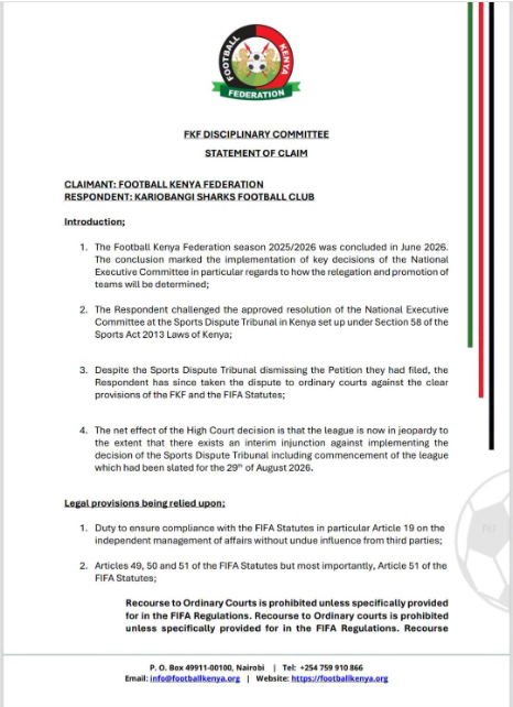 Football Kenya Federation (FKF) has called Kariobangi Sharks before its Disciplinary Committee following the club’s decision to challenge a football-related ruling in the High Court. PHOTO/Football Kenya Federation