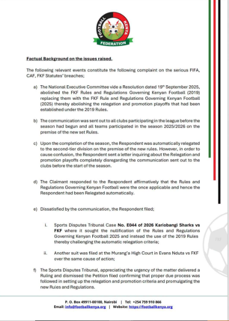 Football Kenya Federation (FKF) has called Kariobangi Sharks before its Disciplinary Committee following the club’s decision to challenge a football-related ruling in the High Court. PHOTO/Football Kenya Federation