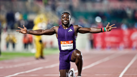 Kenyan sprinter Ferdinand Omanyala poses for a photo after winning a previous race. PHOTO/@Ferdiomanyala
