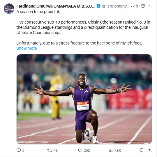 Statement of Ferdinand Omanyala on ending the 2026 season early released on Tuesday, September 1, 2026. PHOTO/Screengrab by K24 Digital/@Ferdiomanyala