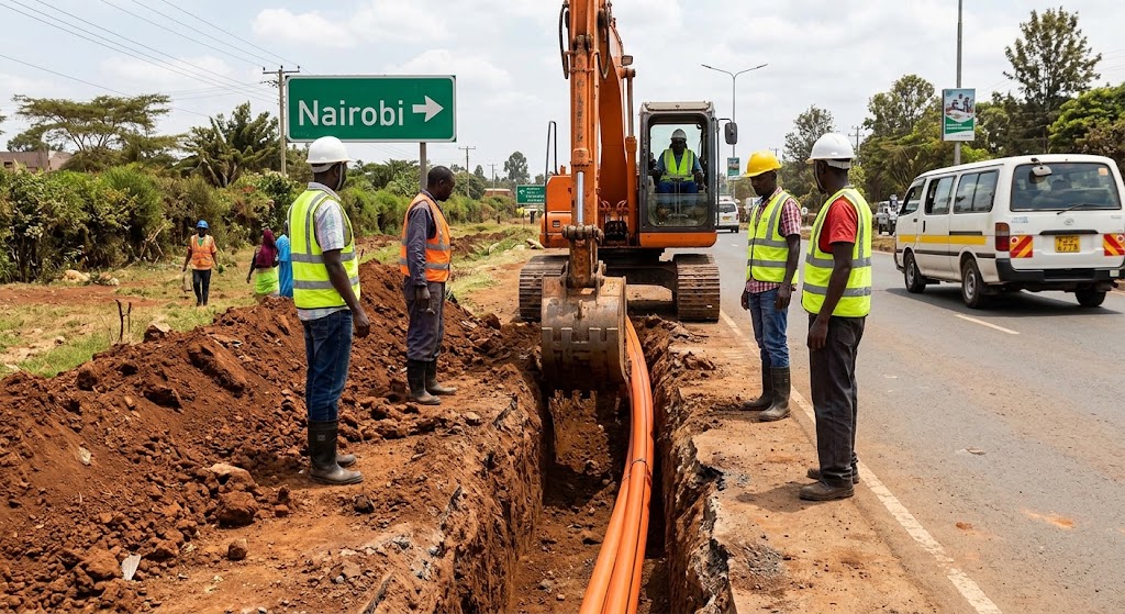 Workers supervise the burial of orange fibre backbone cables alongside a main road.