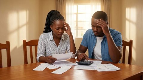 A young couple looks stressed while sorting through receipts.