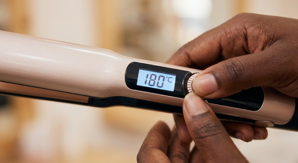 A hand adjusting a flat iron's temperature dial.