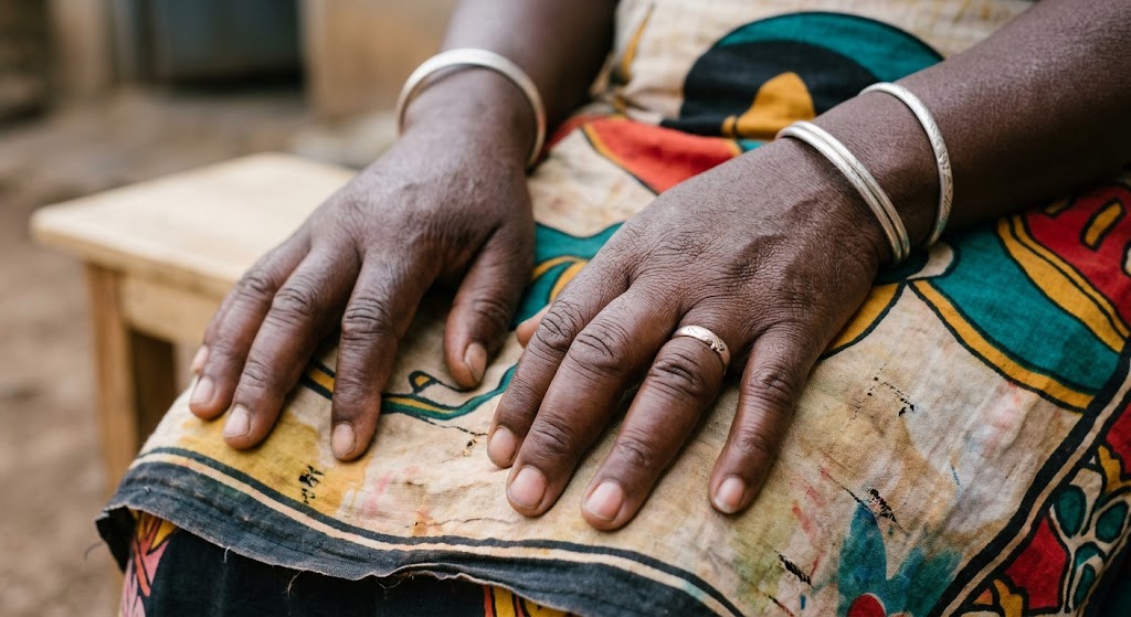 The visibly swollen hands of a woman indicate significant fluid retention.