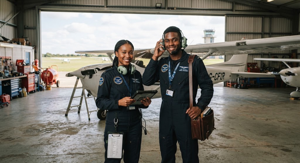 Two flying school students getting ready for practicals.