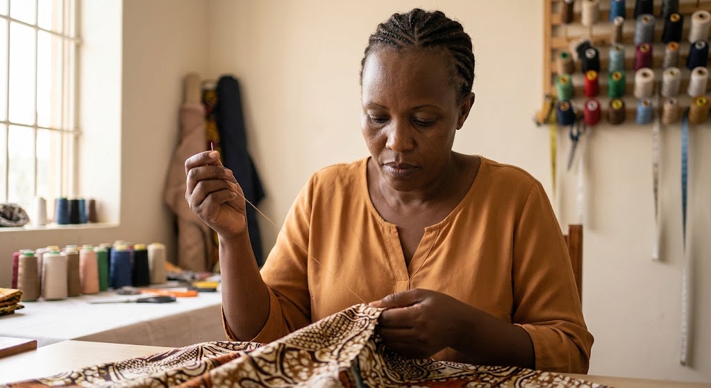 A focused tailor concentrates solely on stitching a 'kitenge' fabric in a calm workshop.
