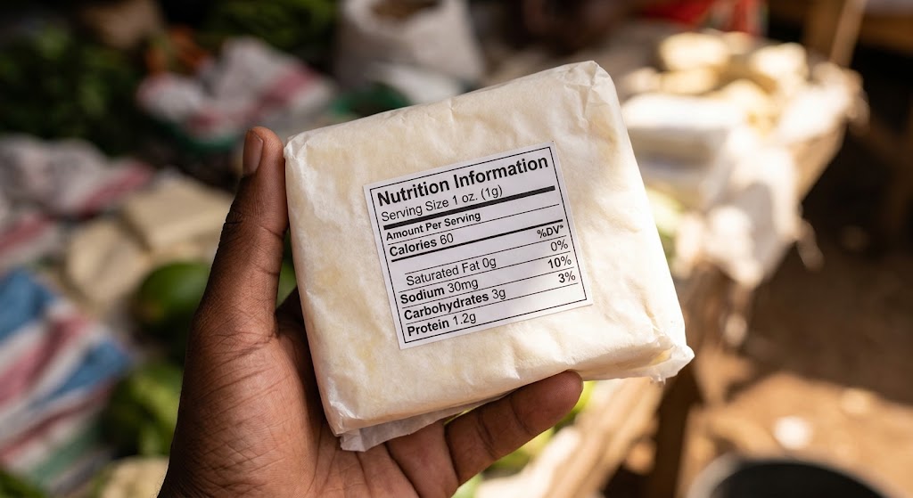 A hand holds a block of paper-wrapped butter displaying the nutrition information printed on the label.