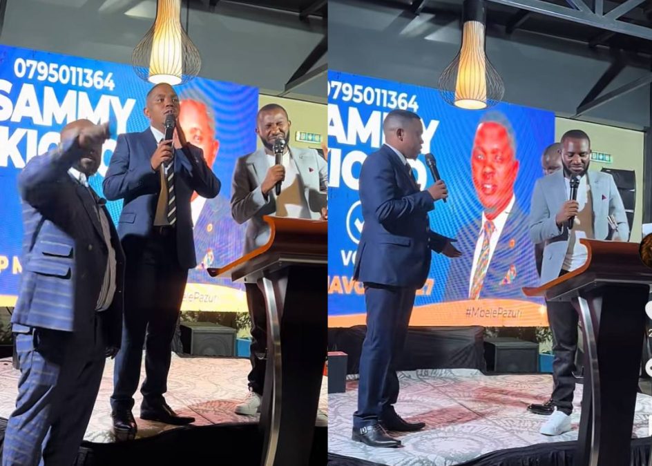 Tom Daktari and Sammy Kioko during the launch of his candidacy for the Mavoko MP seat. PHOTOS/Screengrabs by K24 Digital of TikTok video by @katumbi.