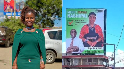 Mercy Masai and the billboard she got erected in Kitengela. PHOTOS/@mercymasai/TikTok.