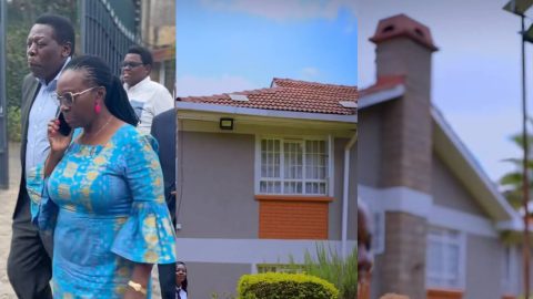 A collage showing Martha Karua receiving mourners at her family’s village home alongside different views of the sprawling property.