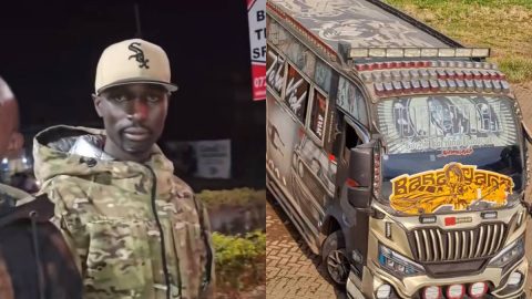 A collage showing Kinara alongside Baba Yaga, the popular customised matatu plying the Rongai route. PHOTOS/Screengrabs by K24 Digital of TikTok video by @iconictours.