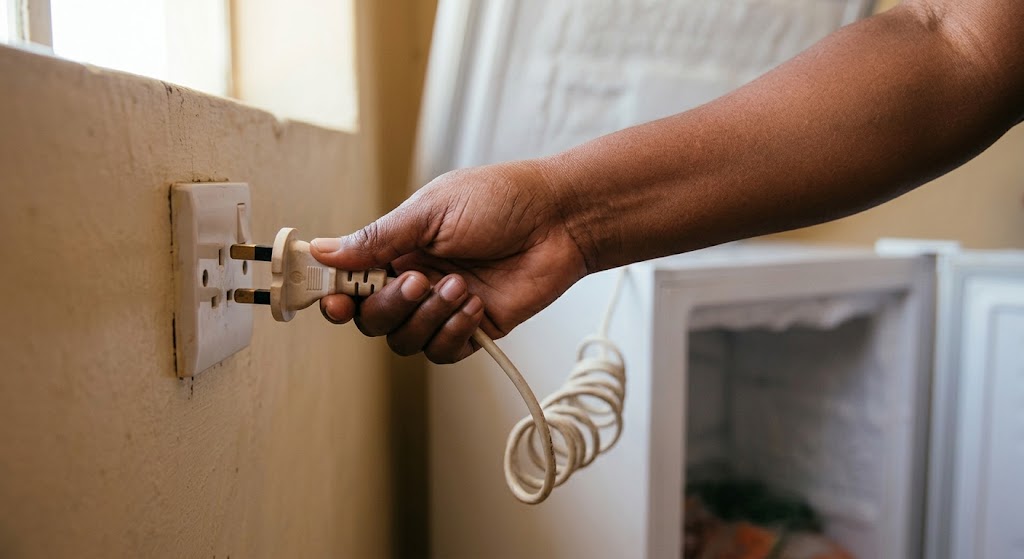 A hand pulling a standard power plug from a wall socket, with the freezer's power cord visible.