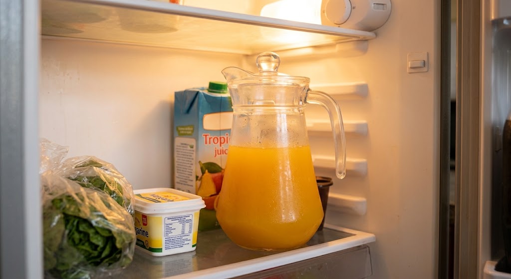 A sealed glass pitcher of fresh orange juice sits properly chilled on a refrigerator shelf, minimising oxidation.