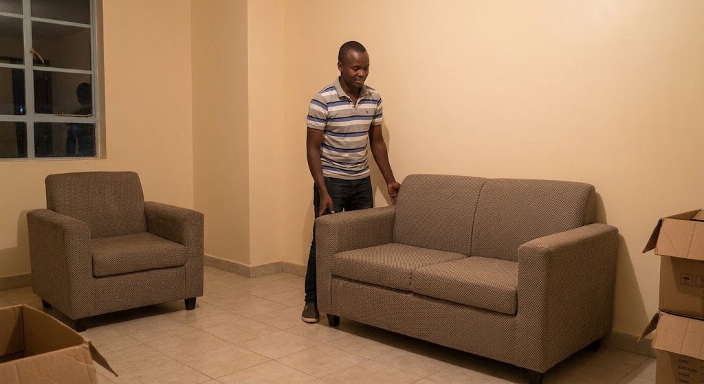 A tenant stands in his partially furnished apartment, illustrating the gradual and costly process of filling the new space.
