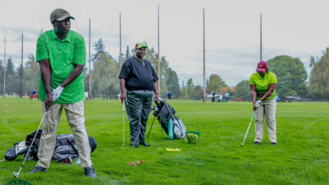 Rigathi Gachagua and his wife, Pastor Dorcas Wanjiku Rigathi, show off their golf swings during an outing with fellow Kenyans in Oregon. PHOTO/@Rigathi/X