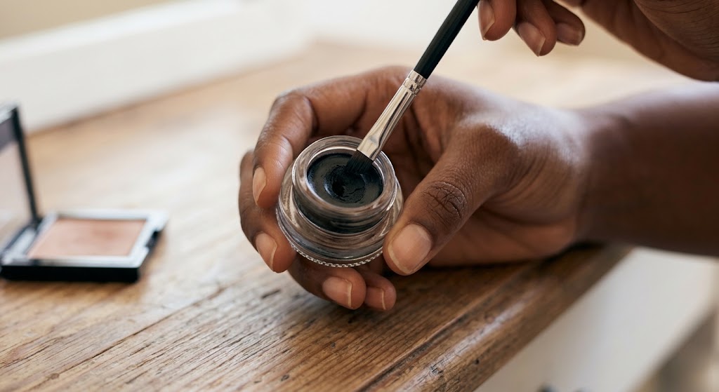 A woman dips an angled brush into a gel liner pot, a key step for precise application.
