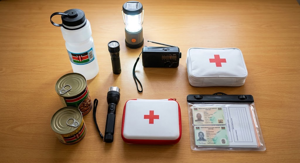 A lay-flat assembly of essential supplies including a torch, radio, first aid kit, and currency, ready for a go-bag.