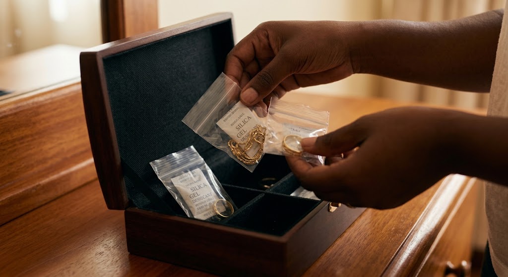 Hands carefully place gold items and a silica gel packet inside an airtight bag for humid weather storage.