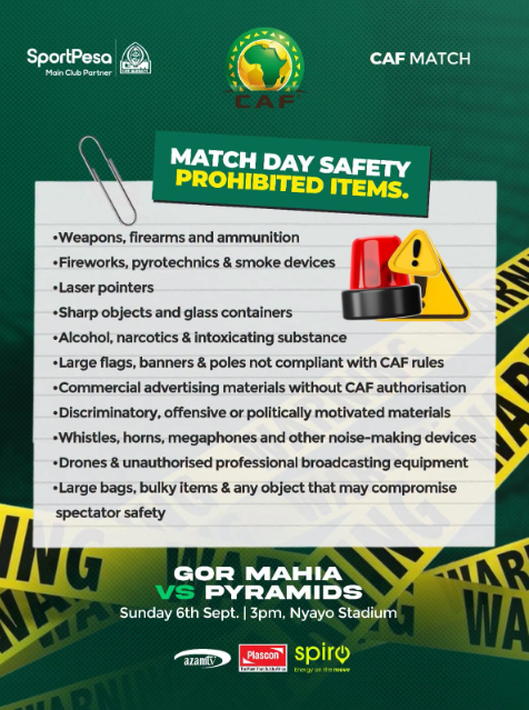 Gor Mahia's notice to fans ahead of the CAF Champions League encounter with Pyramids at Nyayo National Stadium on Sunday, September 6, 2026. PHOTO/https://www.facebook.com/GorMahiafcofficial