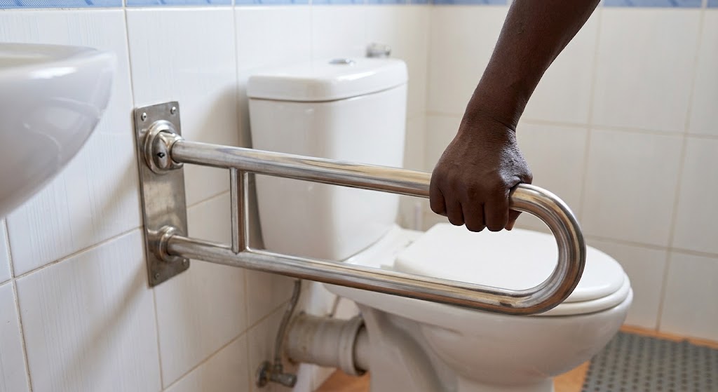An elderly man's hand grips a newly installed, sturdy safety grab bar in a bathroom.