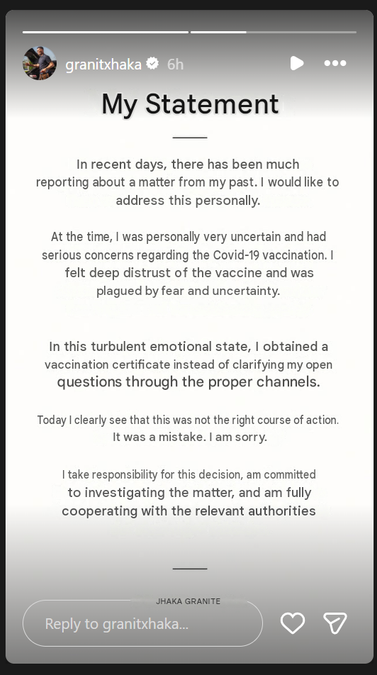 Story by Granit Xhaka. PHOTO/Screengrab by K24 Digital from Instagram/@granitxhaka