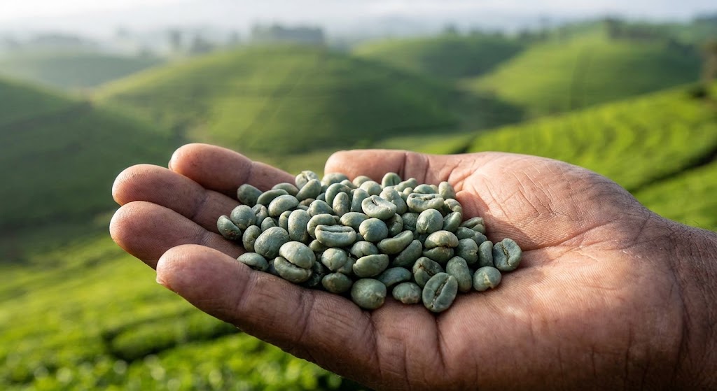 Green, unroasted coffee beans.