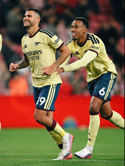 Arsenal's Bruno Guimaraes (Left) celebrates his goals against Sunderland  on Saturday, September 12, 2026 at the Stadium of Light with defender Gabriel Magalhaes. PHOTO/https://www.facebook.com/Arsenal/photos