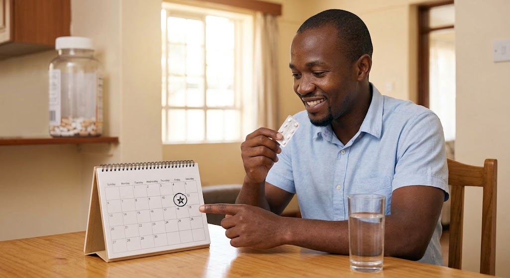 A man prepares to take his once-monthly PrEP pill while referencing a calendar.