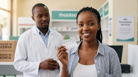 A woman holds up a blister pack of the new once-monthly HIV prevention pills in a pharmacy.